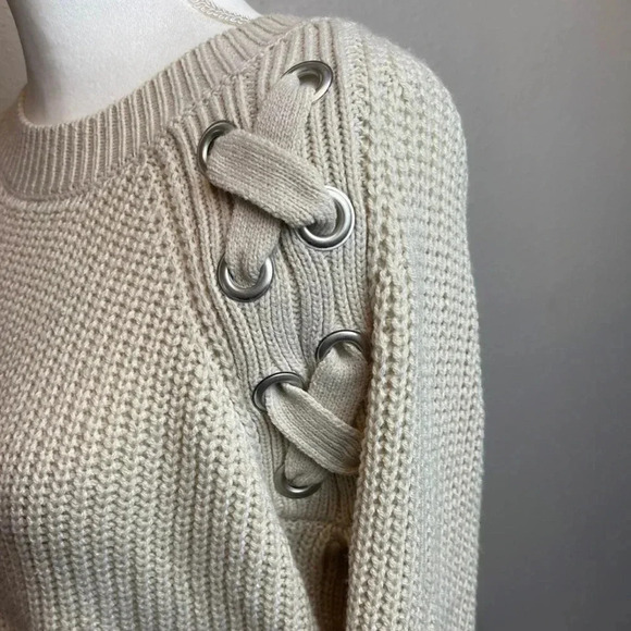 PINK Rose crewneck knit sweater with lace up detail on front upper arm area. - Picture 2 of 9